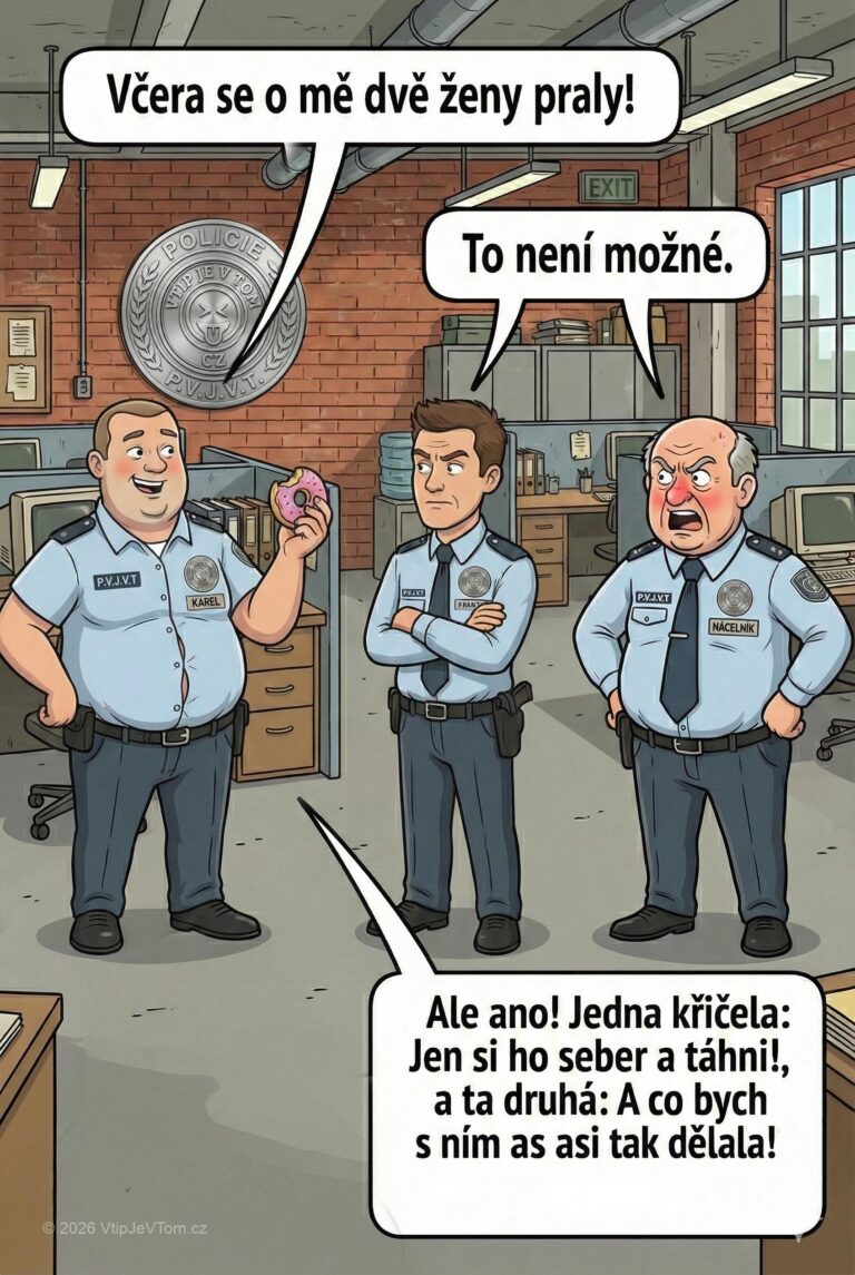 O policistu Karla se praly dvě ženy - Karel se chlubí ostatní policistům: „Včera se o mě dvě...