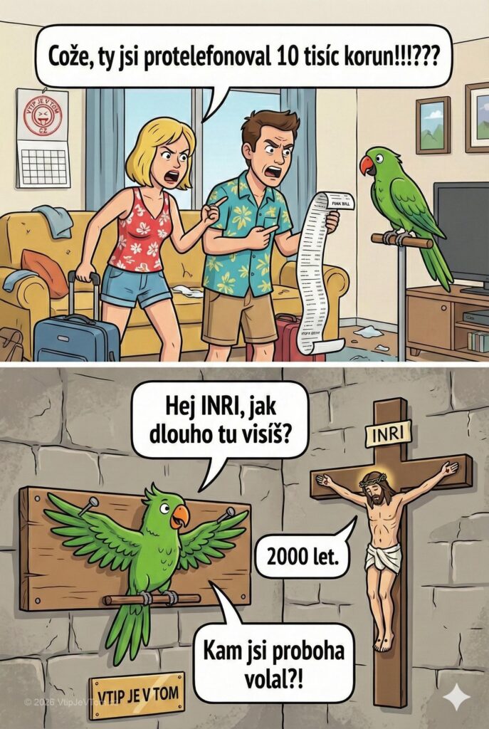 Papoušek telefonoval - Přijedou manželé z dovolené a křičí na papoucha: "Cože, ty...