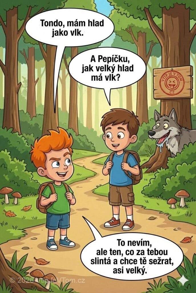 Pepíček a Tonda na výletě v lese Pepíček a Tonda na výletě v lese - Pepíček: „Tondo, mám hlad jako vlk.“Tonda: „A pepíčku, jak velký...