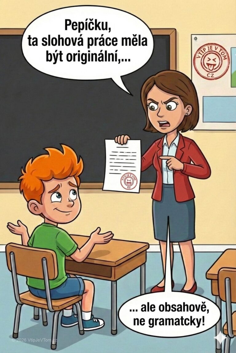 Pepíček a originální slohová práce - Paní učitelka oznamuje Pepíčkovi: „Pepíčku, ta slohová práce měla být...