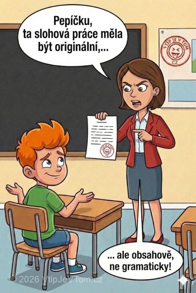 Pepíček a originální slohová práce - Paní učitelka oznamuje Pepíčkovi: „Pepíčku, ta slohová práce měla být...