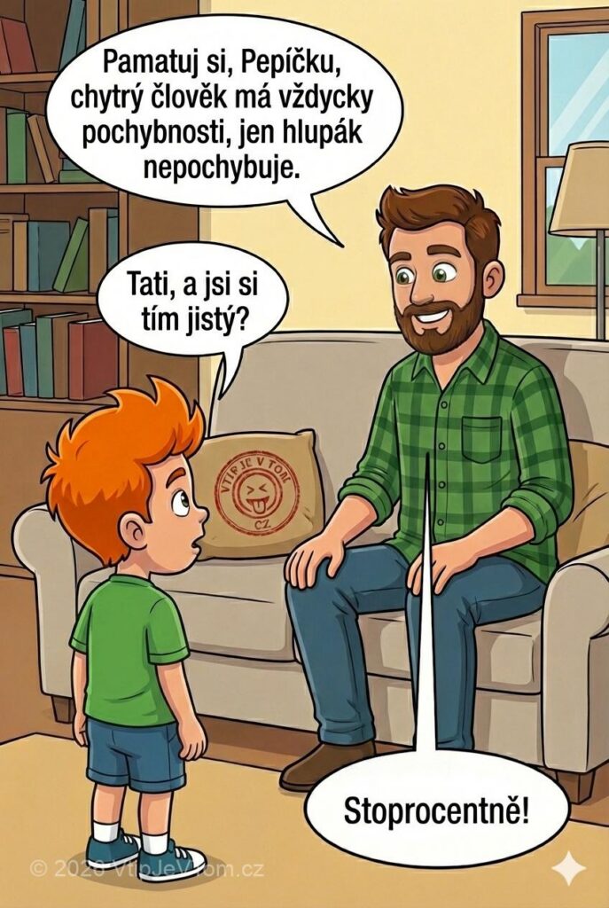 Pepíček a pochybnosti - Tatínek: „Pamatuj si, Pepíčku, chytrý člověk má vždycky pochybnosti, jen...