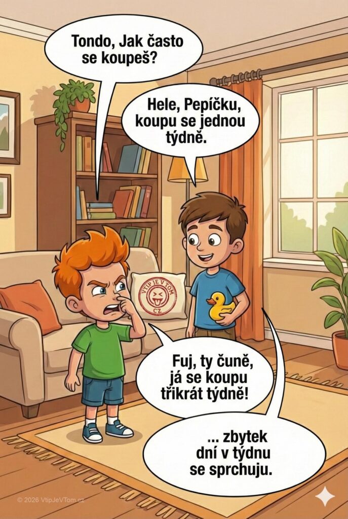Pepíček a pravidelná hygiena Pepíček a pravidelná hygiena - Pepíček se ptá kamaráda: „Todno, Jak často se koupeš?“Todna: „Hele,...