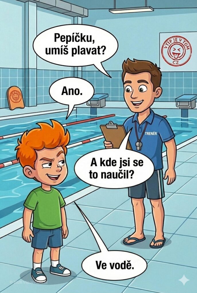 Pepíček na plaveckém tréninku - Trenér: "Pepíčku, umíš plavat?“ Pepíček: „Ano.“ Tréner: „A kde jsi...