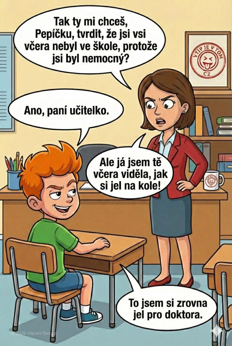 Pepíček nebyl ve škole Pepíček nebyl ve škole - Paní učitelka: „Tak ty mi chceš, Pepíčku, tvrdit, že jsi...