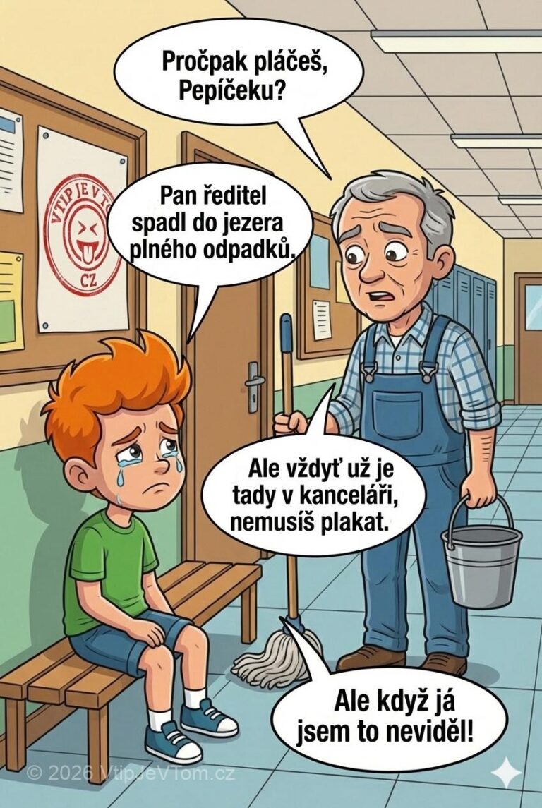 Pepíček pláče ve škole - Školník: „Pročpak pláčeš, Pepíčeku?“Pepíček: „Pan ředitel spadl do jezera plného...