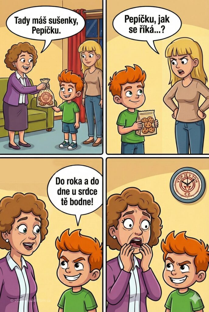 Pepíček umí poděkovat Pepíček umí poděkovat - Pepíček dostane od tety sušenky. Maminka káravě povídá: „Pepíčku, jak...