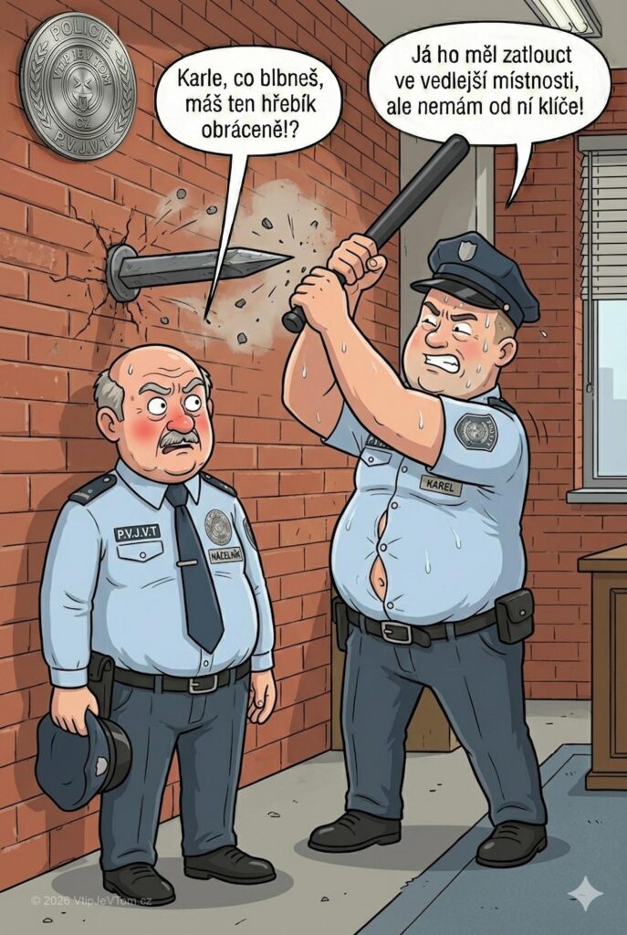 Policista Karel zatlouká hřebík Policista Karel zatlouká hřebík - Kare zatlouká hřebík systémem hlavička na stěnu a mlátit do...