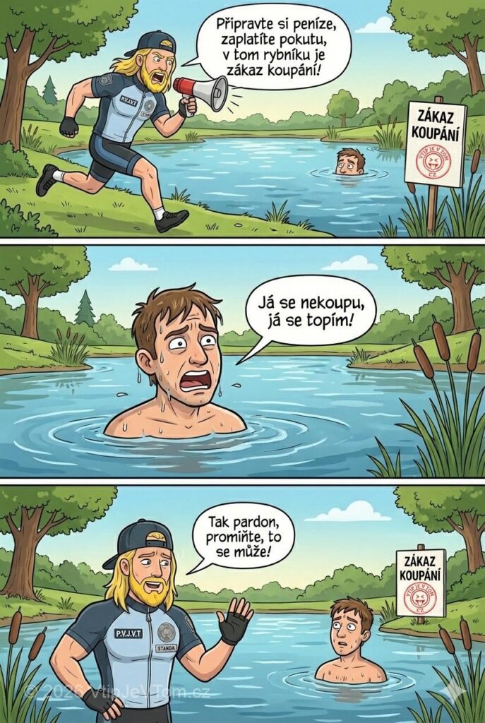 Policista Standa a zákaz koupání - Policista Standa utíká k rybníku a křičí: „Připravte si peníze,...