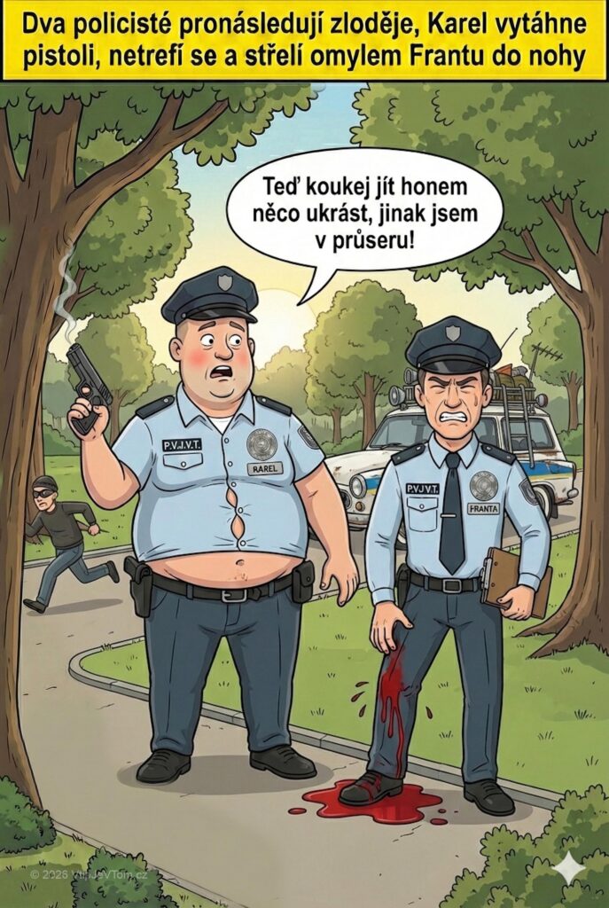 Policisté Karel a Franta pronásledují zloděje Policisté Karel a Franta pronásledují zloděje - Karel vytáhne pistoli, netrefí se a omylem střelí Frantu do...