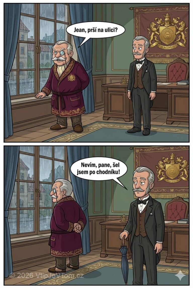 Sluha Jean a déšť - Lord Magnus: „Jean, prší na ulici?”Sluha Jean: „Nevím, pane, šel...