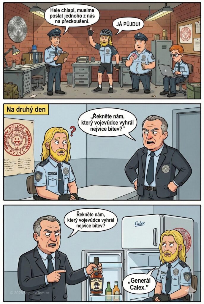 Standa jde na přezkoušení - Sedí policajti v kanceláři a Franta říká: „Hele chlapi, musíme...