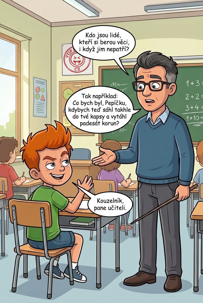 Učitel chce sáhnout Pepíčkovi do kapsy Učitel chce sáhnout Pepíčkovi do kapsy - Pan učitel: „Kdo jsou lidé, kteří si berou věci, i...