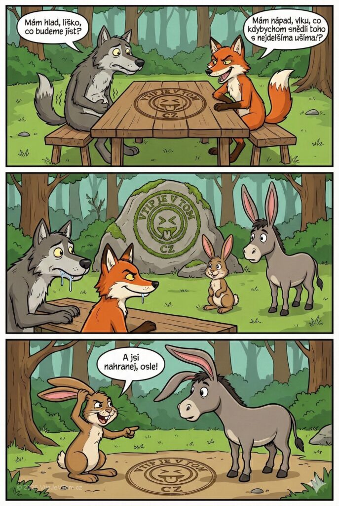 V lese došlo jídlo V lese došlo jídlo - V jednom lese žili vlk, liška, králík a osel.Jednoho dne...