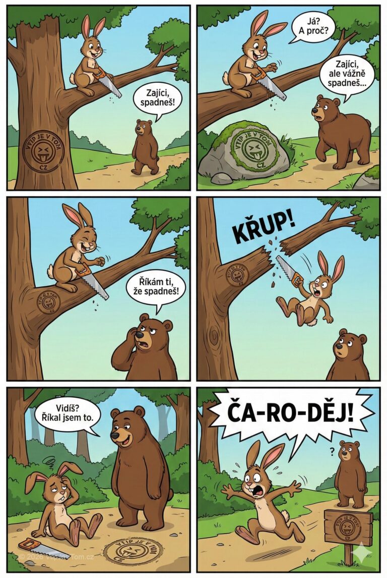 Zajíc na větvi Zajíc na větvi - Zajíc sedí na větvi a řeže ji pod sebou. Jde...