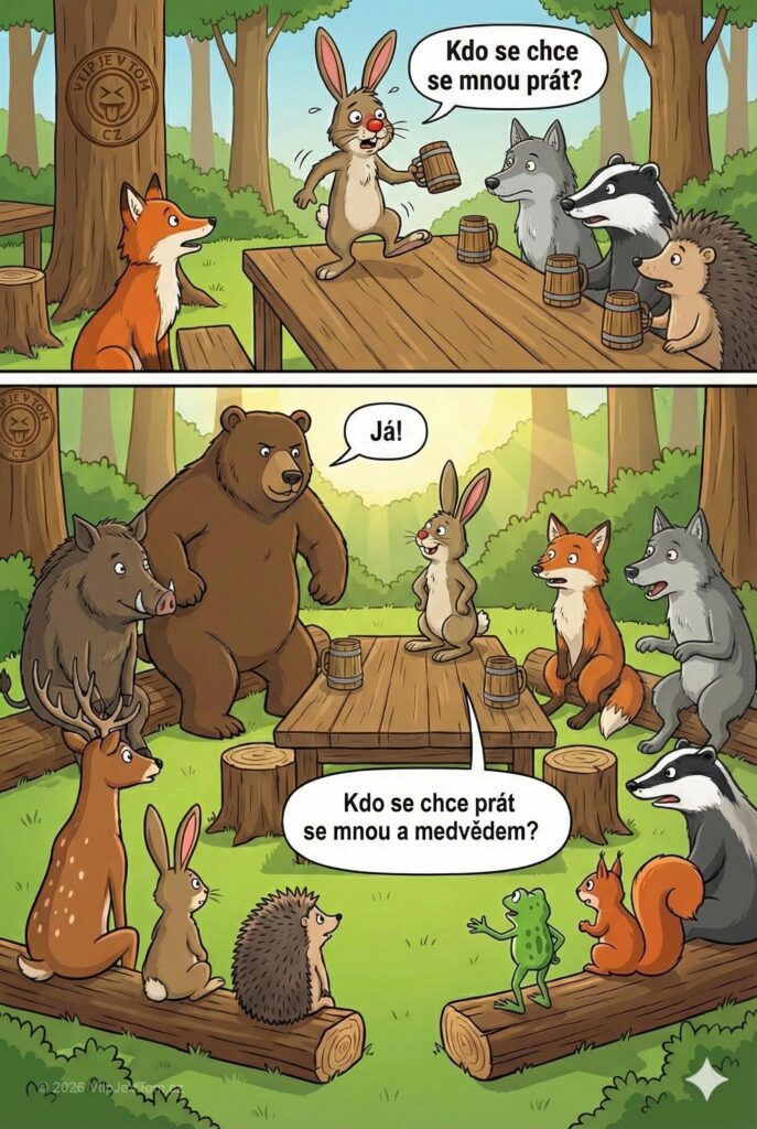 Zajíc se chce prát - Opilý zajíc vyleze na stůl a vykřikuje: „Kdo se chce...