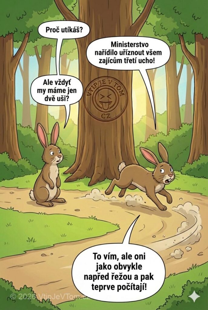 Zajícovi chtějí uříznout ucho Zajícovi chtějí uříznout ucho - Utíká zajíc a druhý se ho ptá proč.„Ministerstvo nařídilo uříznout...