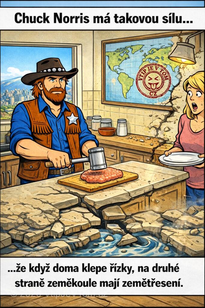 Chuck Norris a řízky Chuck Norris a řízky - Chuck Norris má tak ohromnou sílu, že když doma klepe...