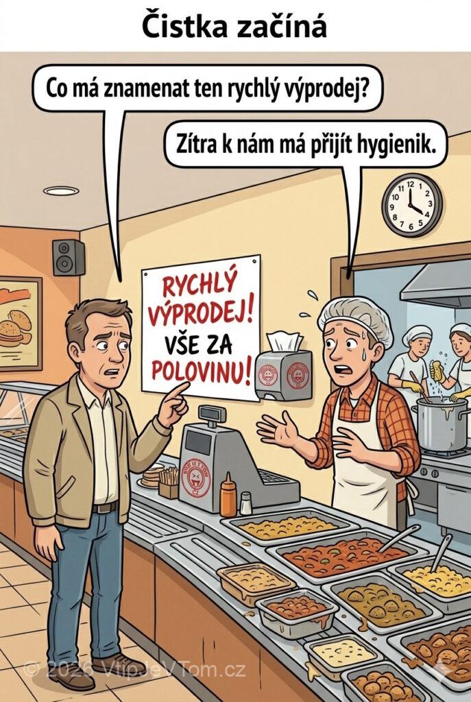 Čistka v bufetu Čistka v bufetu - Zákazník se ptá v bufetu: „Co má znamenat ten rychlý...