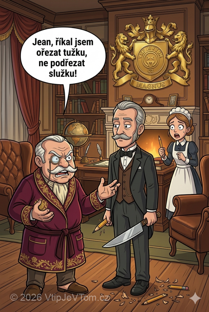 Jean nepochopil rozkaz Jean nepochopil rozkaz - Lord Magnus: "Jean, říkal jsem ořezat tužku, ne podřezat služku!"