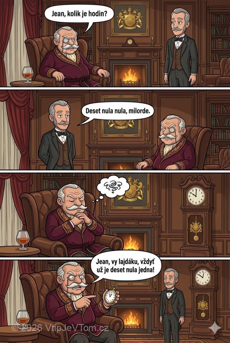 Lord Magnus a přesný čas - Lord Magnus: „Jean, kolik je hodin?”Sluha Jean: „Deset nula nula,...
