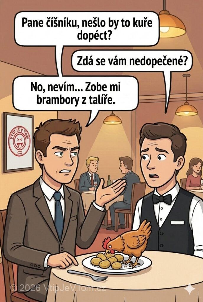 Nedopečené kuře - Host: "Pane číšníku, nešlo by to kuře dopéct?"Číšník: "Zdá se...