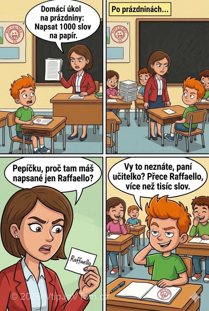 Pepíček a 1000 slov - Paní učitelka říká žákům: „Domácí úkol na prázdniny: Napsat 1000...