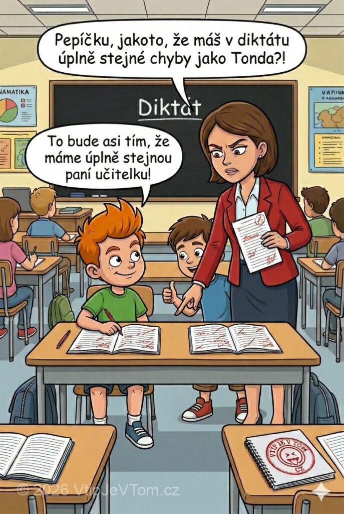 Pepíček a chyby v diktátu Pepíček a chyby v diktátu - Paní učitelka: "Pepíčku, jakoto, že máš v diktátu úplně stejné...