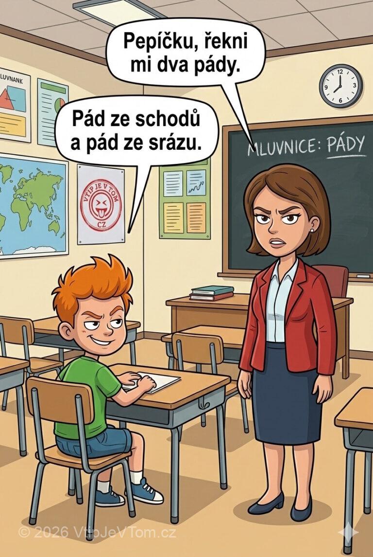 Pepíček a skloňování - Paní učitelka ve třídě: "Pepíčku, řekni mi dva pády.“ Pepíček:...