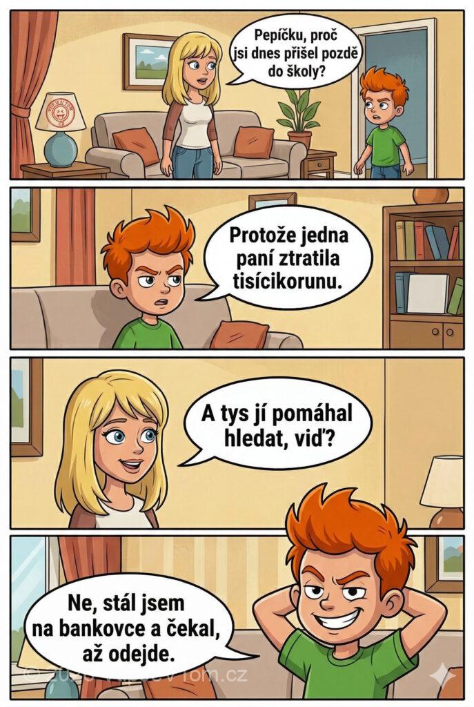 Pepíček byl zase pozdě - Pepíček přijde domů ze školy a Maminka se vyptává. Maminka:...