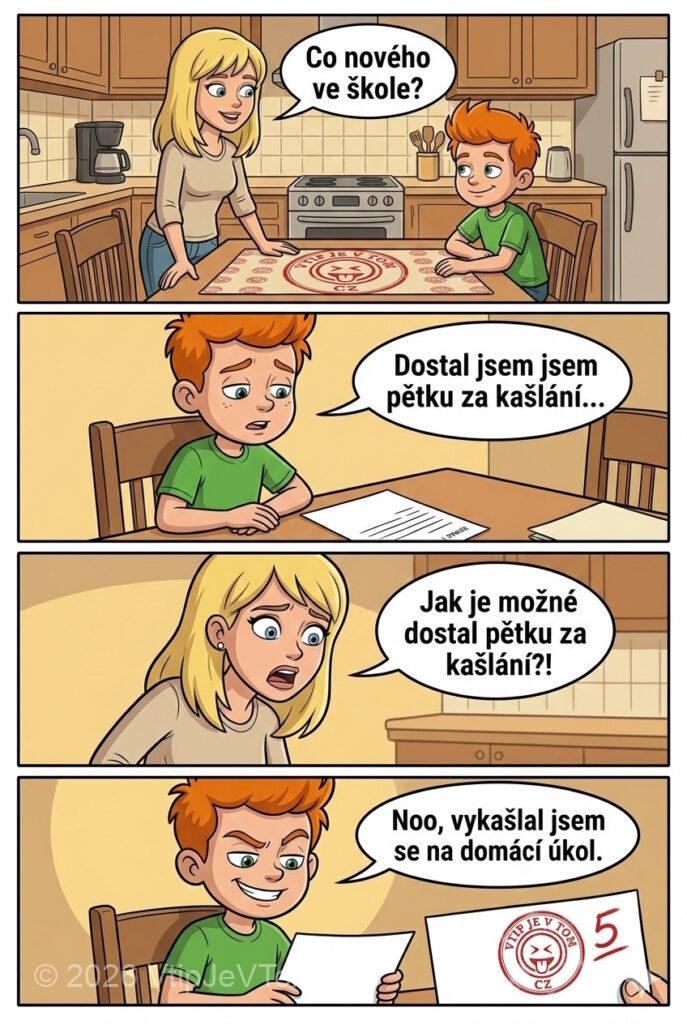 Pepíček dostal pětku za kašlání - Maminka se doma ptá Pepíčka: "Co nového ve škole?" Pepíček:...