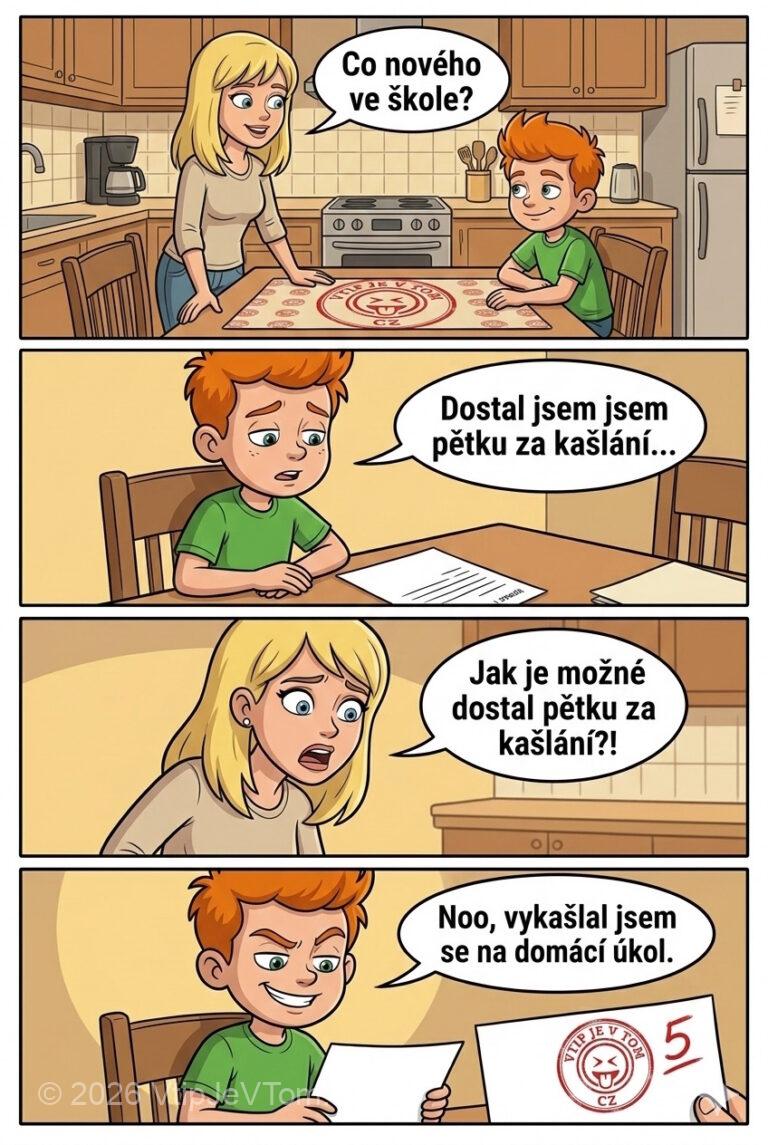 Pepíček dostal pětku za kašlání Pepíček dostal pětku za kašlání - Maminka se doma ptá Pepíčka: "Co nového ve škole?" Pepíček:...