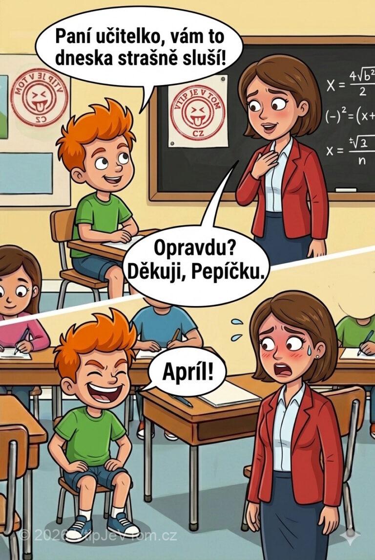 Pepíček lichotí paní učitelce - Pepíček ve škole: „Paní učitelko, vám to dneska strašně sluší!”...