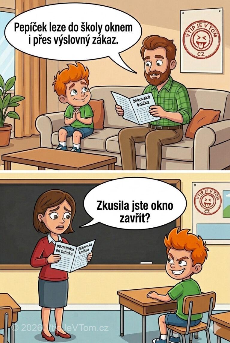 Pepíček lozí oknem do školy - Tatínek čte doma nahlas žákovskou knížku:  „Pepíček leze do školy...