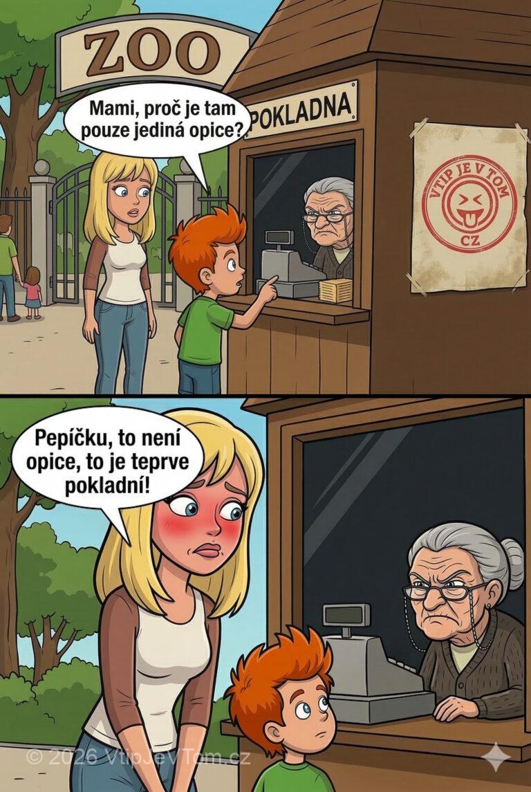 Pepíček s Maminkou v ZOO Pepíček s Maminkou v ZOO - Pepíček: „Mami, proč je tam pouze jediná opice?”Maminka: „Pepíčku, to...