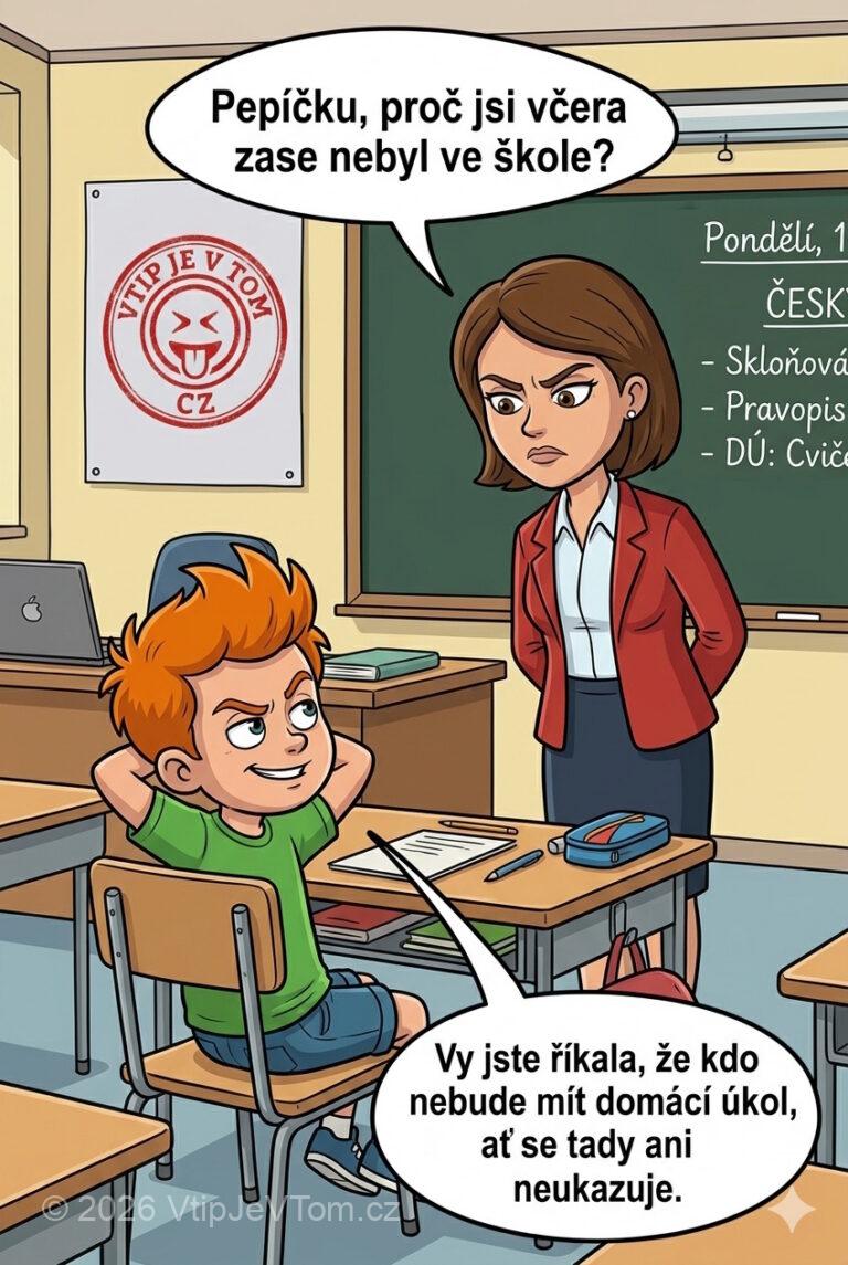 Pepíček zase nebyl ve škole - Paní učitelka: „Pepíčku, proč jsi včera zase nebyl ve škole?“Pepíček:...