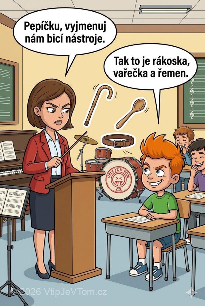 Pepíčka a bicí nástroje - V hodině zpěvu vyvolá paní učitelka Pepíčka: "Pepíčku, vyjmenuj nám...