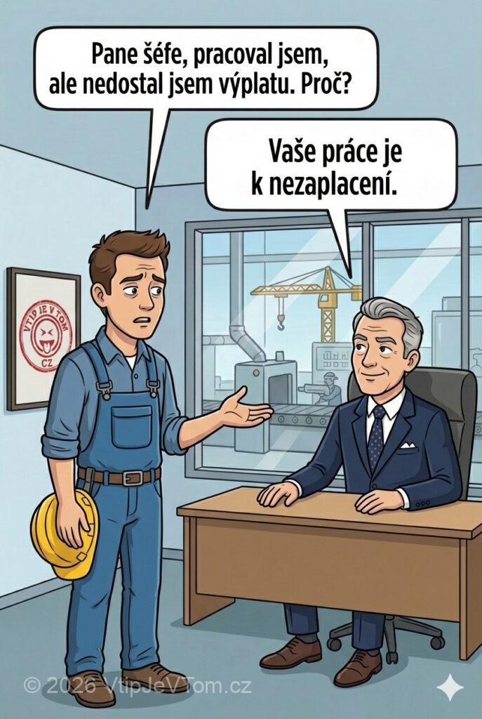 Práce bez výplaty Práce bez výplaty - Dělník: „Pane šéfe, pracoval jsem, ale nedostal jsem výplatu. Proč?“Šéf:...