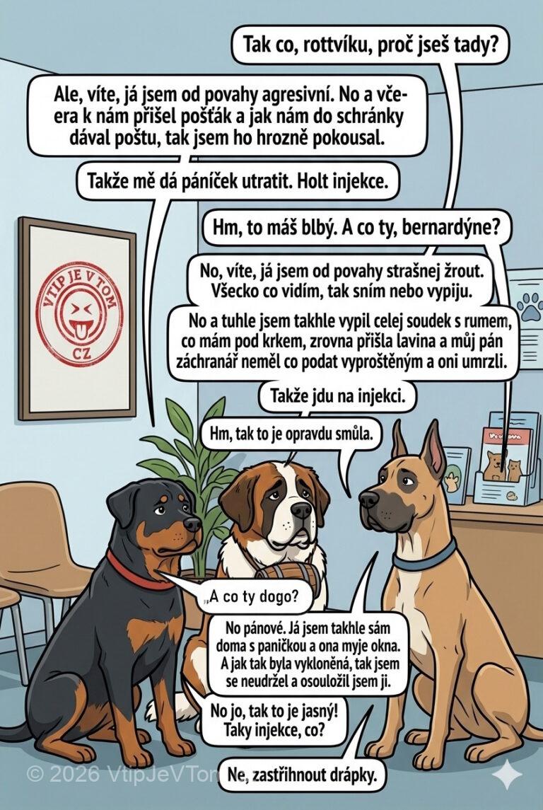 Psi hříšníci - U veterináře jsou tři různí psi - samci. Rotvajler, bernardýn...