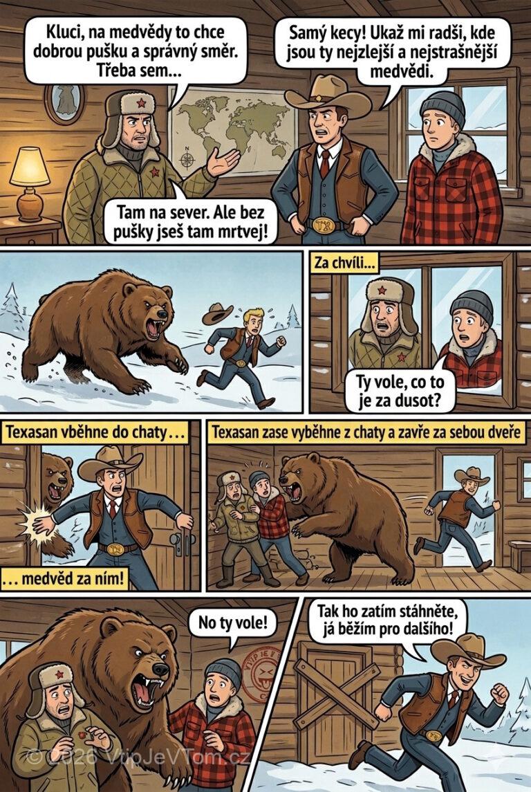 Rus, Texasan a Kanaďan loví medvědy - Rus, Texasan a Kanaďan se v horské chatě na Aljašce...