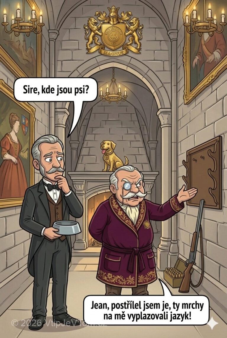 Sluha Jean hleda psy - Sluha Jean se znepokojeně ptá lorda Magnuse: „Sire, kde jsou...