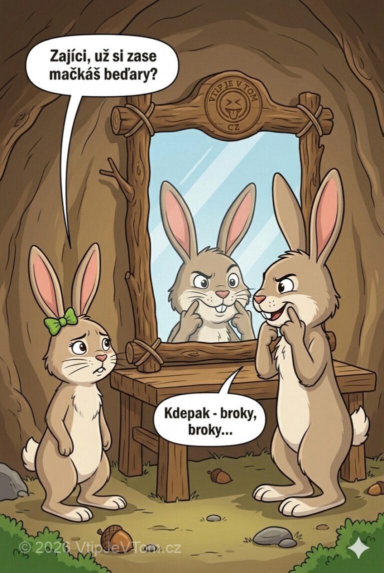 Stojí zajíc delší dobu u zrcadla - Zaječici to zneklidní a říká: „Zajíci, už si zase mačkáš...