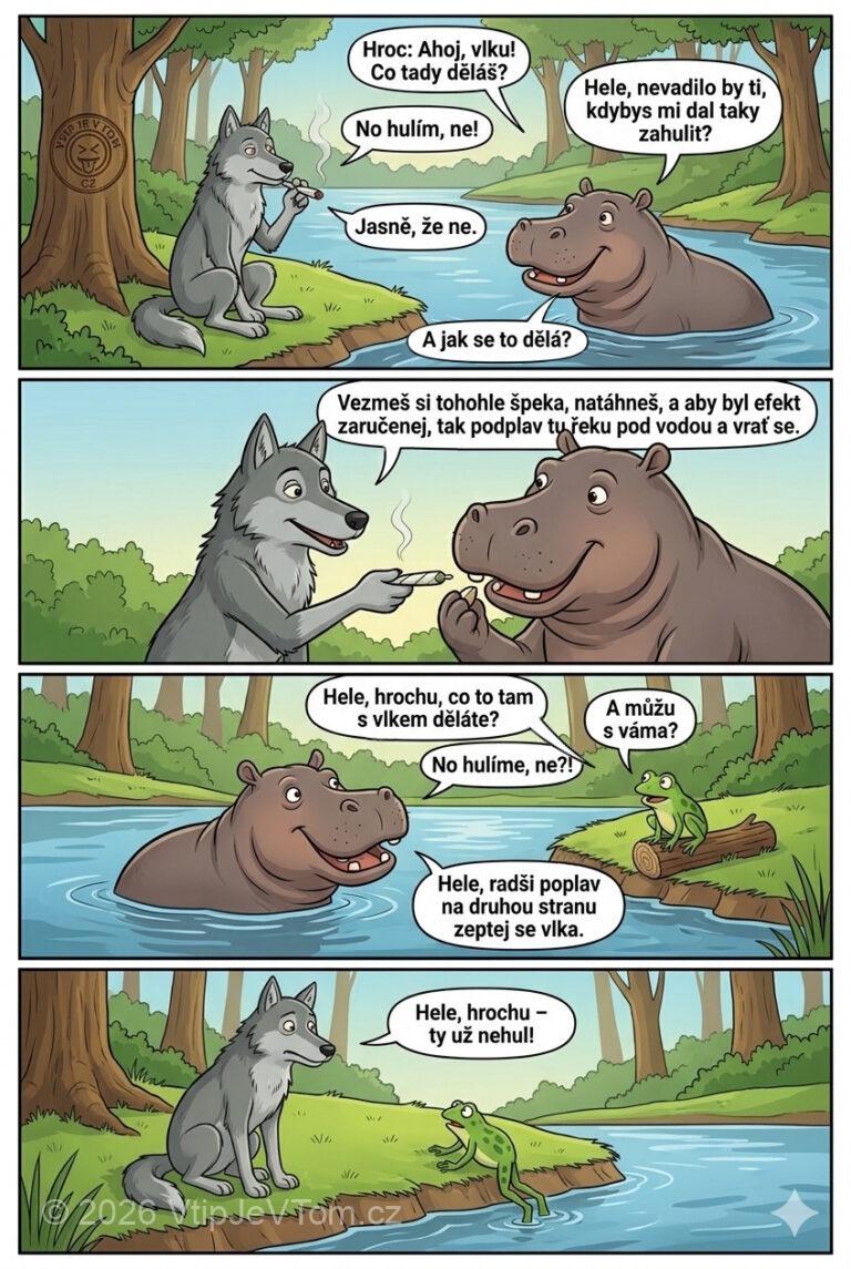 Zhulený hroch - Na břehu řeky sedí vlk a hulí trávu. Najednou se...