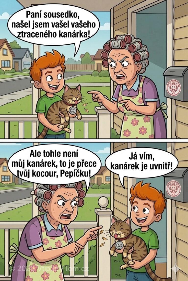 Ztracený kanárek - Pepíček zazvoní u sousedů: „Paní sousedko, našel jsem vašeho ztraceného...