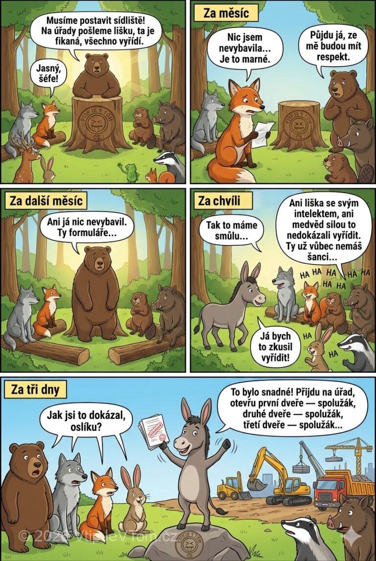 Zvířátka v lese staví sídliště - Na sněmu medved říka: "Musíme postavit sídliště! Na úřady pošleme...