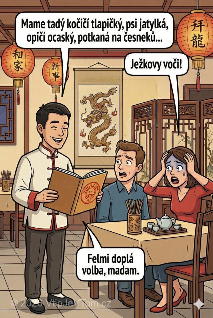 Čínské speciality - Přijdou manželé do čínské restaurace. Číšník jim předčítá speciality: „Mame...