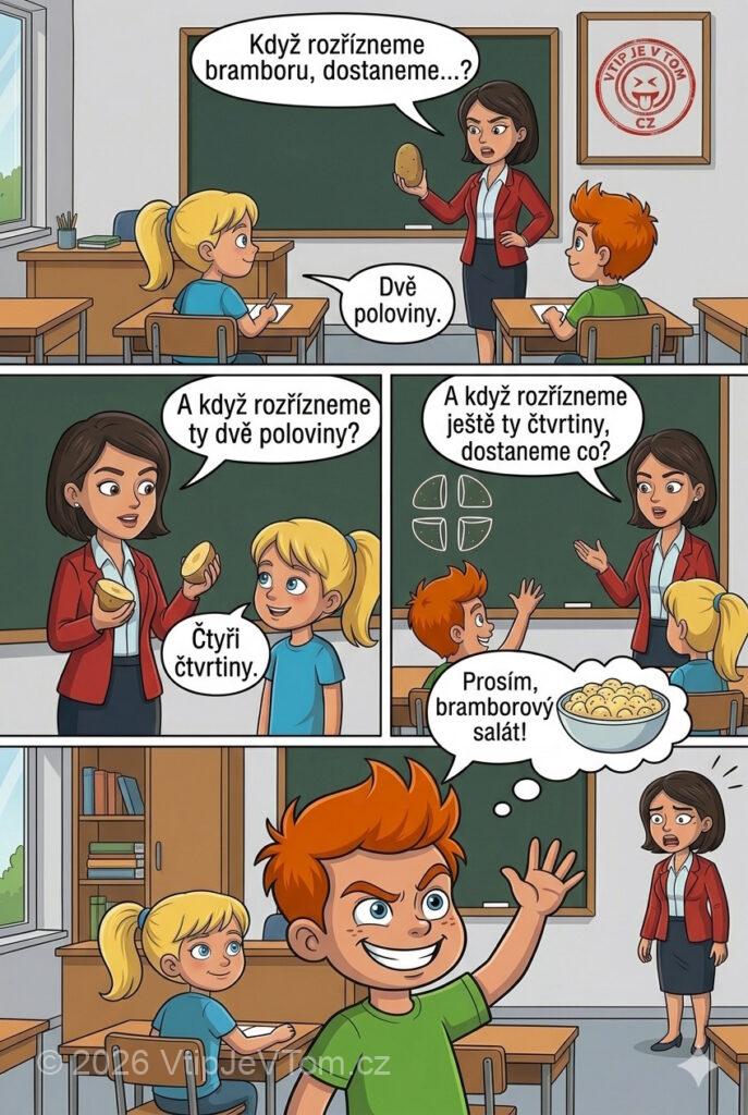 Pepíček a bramborové zlomky Pepíček a bramborové zlomky - Paní učitelka se ptá při hodině matematiky: „Když rozřízneme bramboru,...