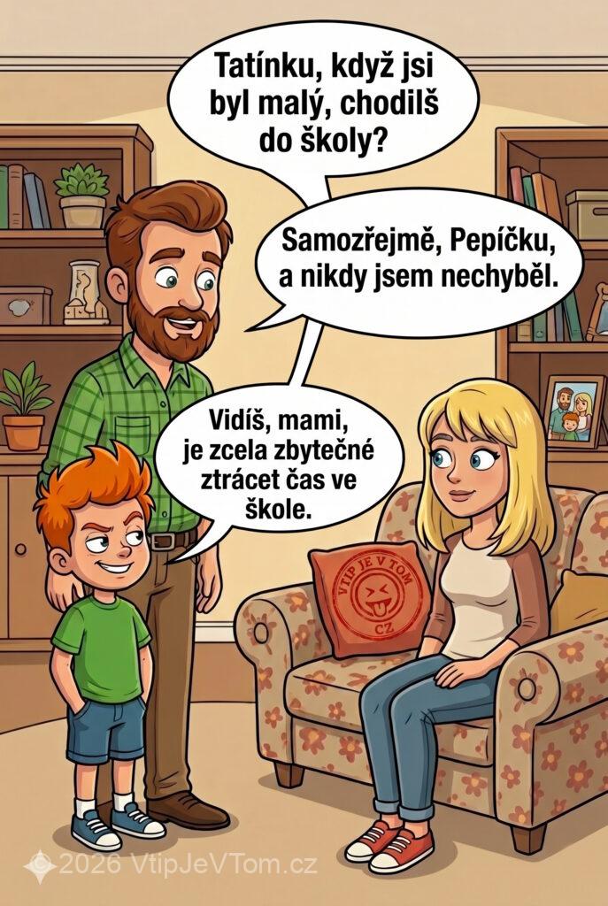 Pepíček a čas ve škole - Pepíček: „Tatínku, když jsi byl malý, chodils do školy?” Tatínek:...