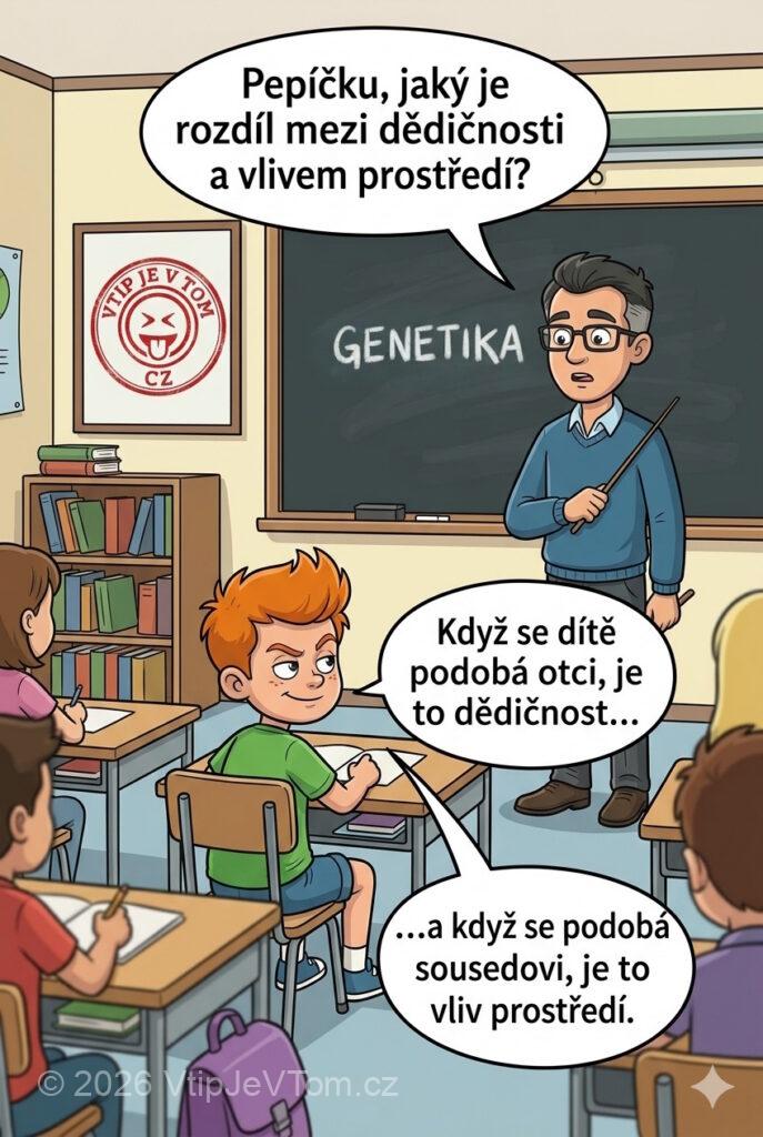 Pepíček a genetika - Pan učitel: „Pepíčku, jaký je rozdíl mezi dědičnosti a vlivem...