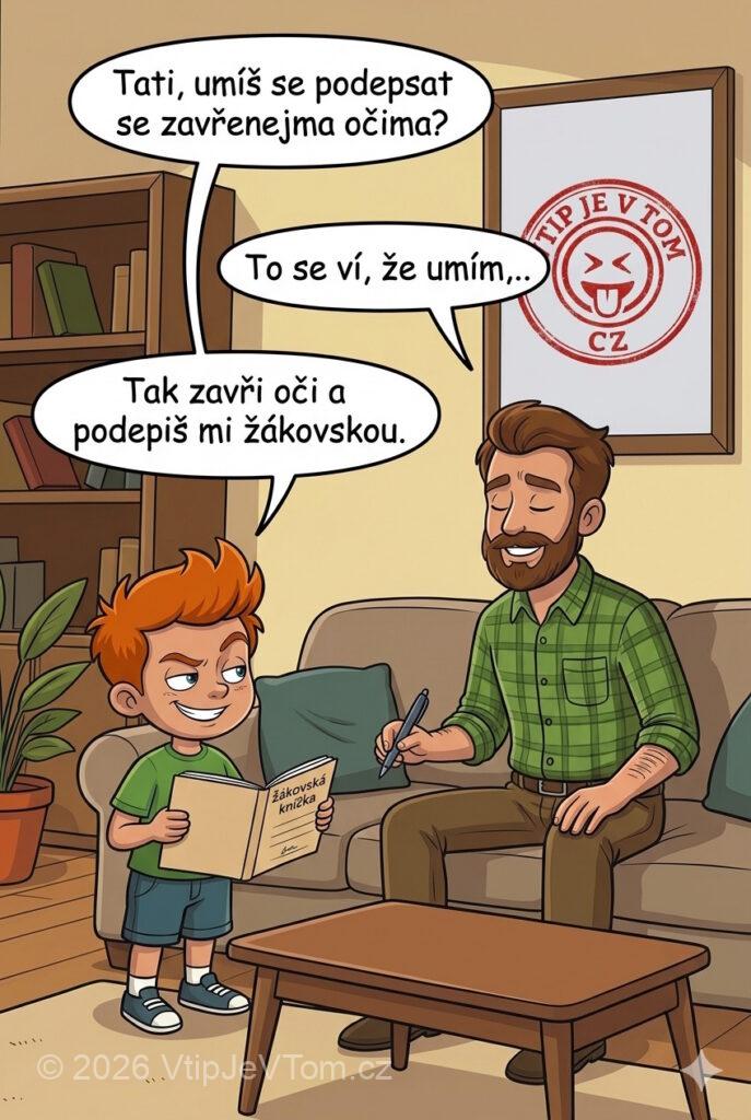 Pepíček a podepisování poslepu - Pepíček přijde ze školy a ptá se tatínka: „Tati, umíš...